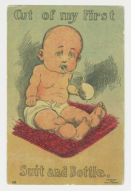 Postcard of infant feeding from the rubber tube of a glass baby bottle